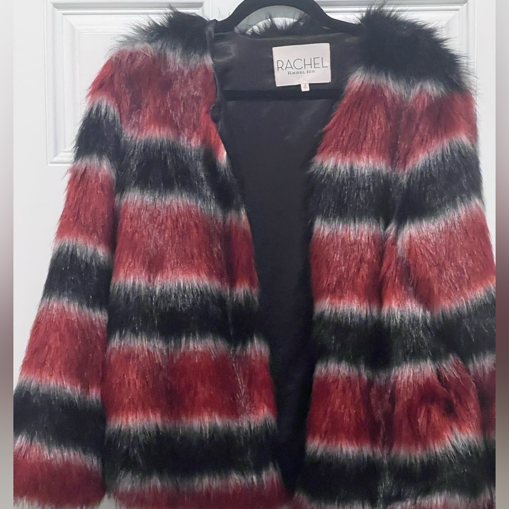 RACHEL Rachel Roy Red and Black Striped Faux Fur Cardigan
